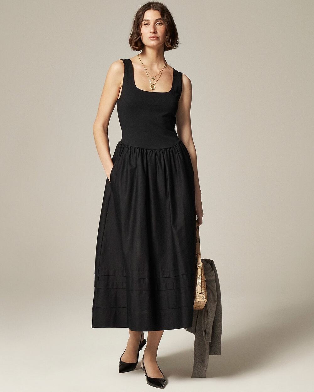 J Crew XS Tall Dress Drop Waist A Line Cotton Poplin Sleeveless Long Midi Black